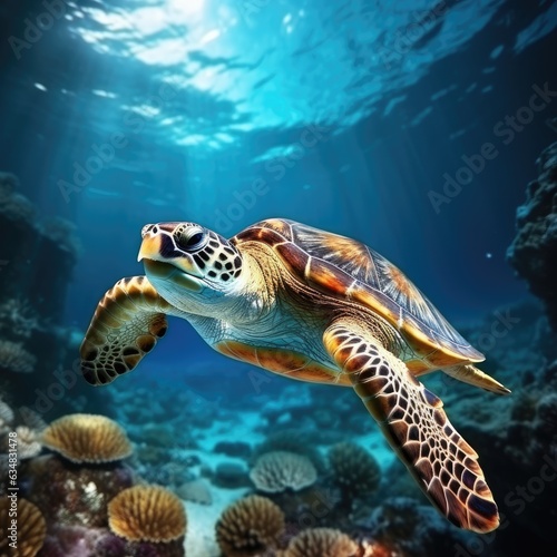 Unveiling Aquatic Beauty: Deep Sea Underwater Photography of a Swimming Sea Turtle © Yago