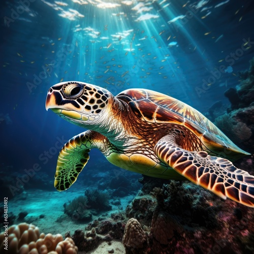 Capturing Serenity: Underwater Photography of a Majestic Sea Turtle in Deep Seas © Yago