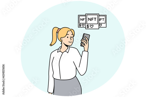 Woman with NFT picture and token items. Businesswoman explore blockchain or cryptocurrency artwork. Vector illustration.
