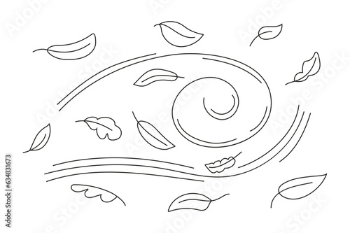 Autumn leaf line sketch vector. Wind doodle blows. Leaf falls down. Strong gust of wind.