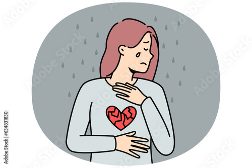 Sad woman with broken heart crying suffer from breakup or separation. Upset girl feel distressed depressed after divorce. Love relationship over. Vector illustration.