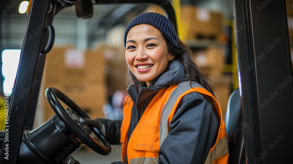 An accomplished and stunning Asian woman confidently operates a forklift vehicle within an industrial setting. Her radiant smile reflects her capability and dedication, showcasing 