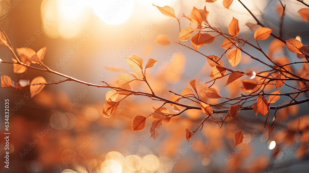 Closeup of leaves on a branch in autumn. autumn background