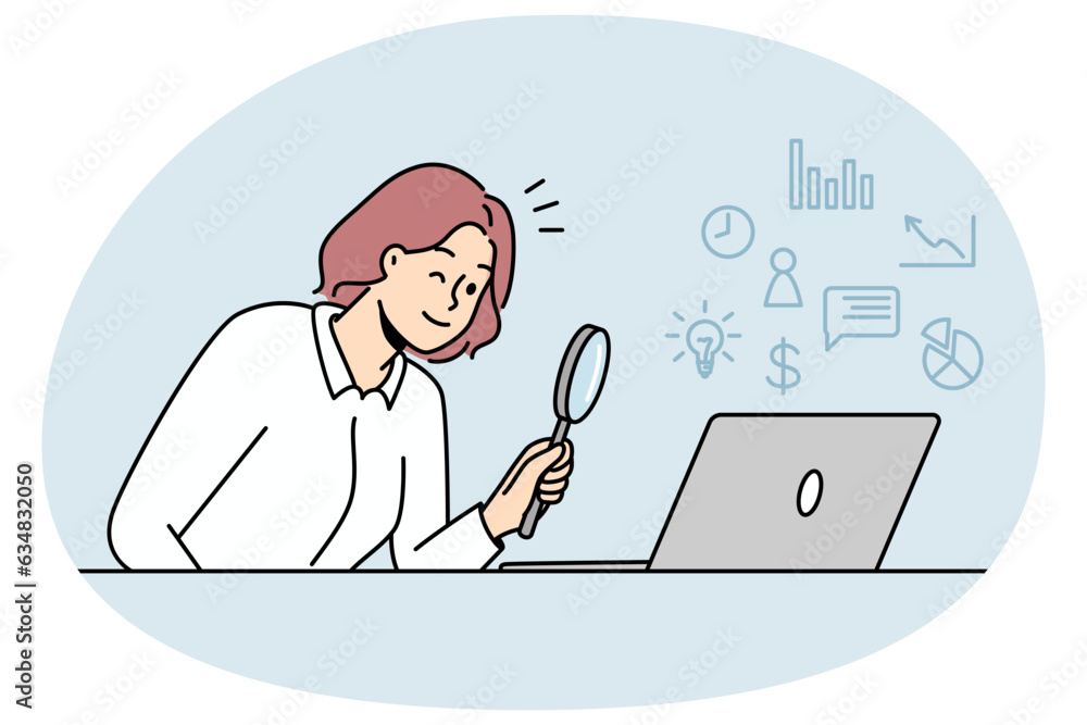Woman looking at laptop screen with magnifying glass exploring online perspectives and opportunities. Female use magnifier discover options on internet on computer. Woman looking at laptop screen with magnifying glass exploring online perspectives and opportunities. Female use magnifier discover options on internet on computer.