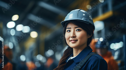 A portrait captures the image of a dedicated Asian female engineer, dressed in a uniform, diligently working in a professional factory environment. 