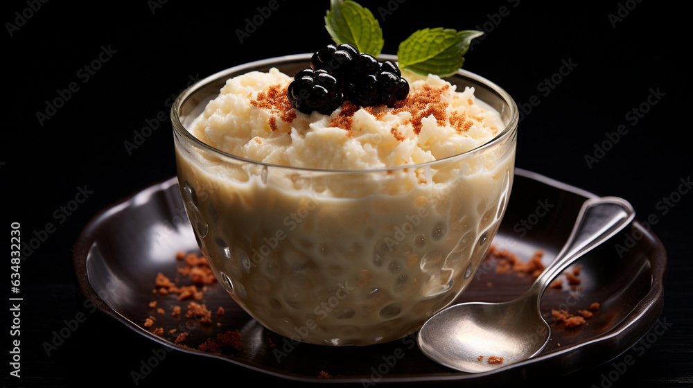 Food photography - Square composition featuring rice pudding in a glass bowl, elegantly placed on a dark black table background. Generative AI Food photography - Square composition featuring rice pudding in a glass bowl, elegantly placed on a dark black table background. Generative AI