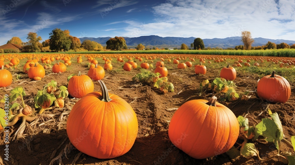 a field full of pumpkins with mountains in the background. generative ai a field full of pumpkins with mountains in the background. generative ai