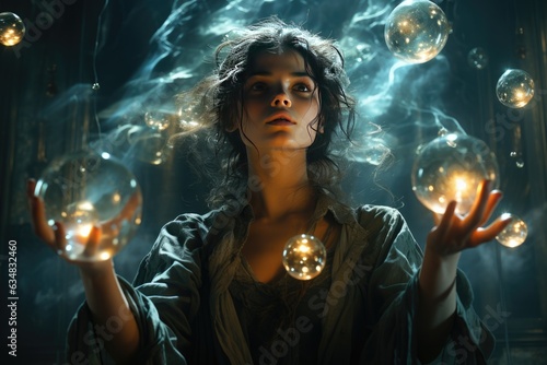 Woman manifesting and pulling bubbles of thoughts, law of attraction, telekineses or manifestation concept, created with generative AI