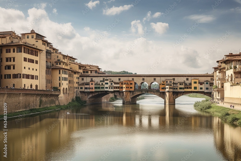 Bridge over the Arno river in Florence lined with shops and houses. Generative AI