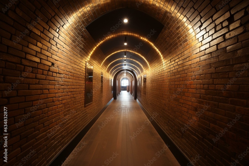 Barrel-lined tunnel with brick walls & floor, lit by ceiling fixtures. Generative AI
