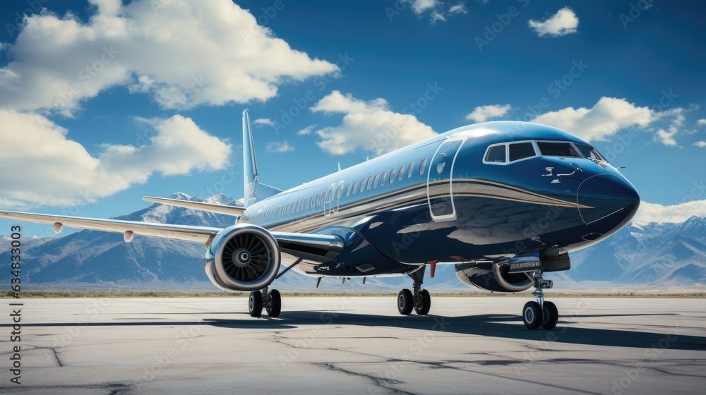 Jet plane parked with nice cloud on the background. Generative AI Jet plane parked with nice cloud on the background. Generative AI