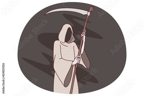 Grim reaper with scythe wearing robe representing death. Mythology concept. Flat vector illustration.