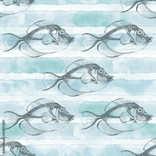 Sea. Abstract seamless pattern on the marine theme with fishes on blue watercolor background. Vector. Perfect for design templates, wallpaper, wrapping, fabric and textile.