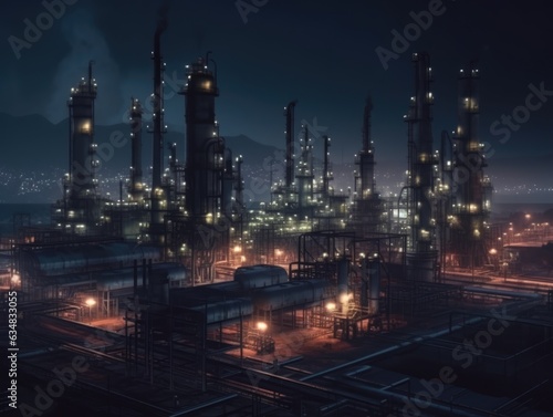 Generative AI illustration of aerial view of illuminated industrial petroleum refinery with distillation towers and pipes in glowing light at night