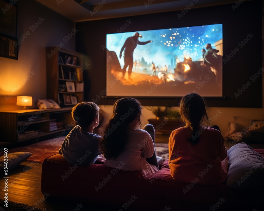 The children are watching a horror movie at home. The children are watching a horror movie at home.