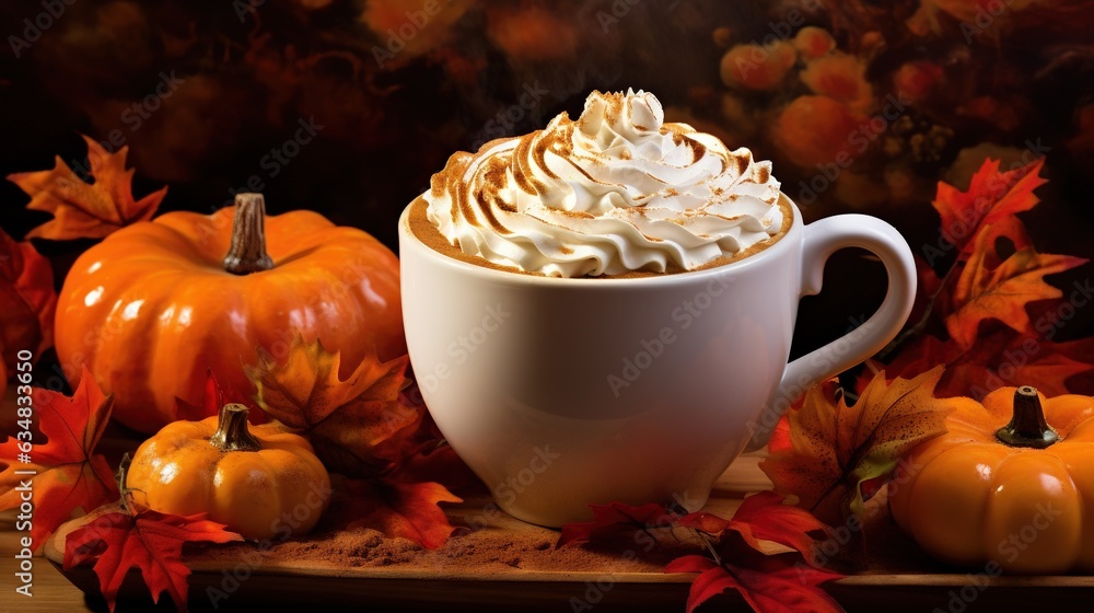 a cup of hot chocolate with whipped cream and fall leaves. generative ai a cup of hot chocolate with whipped cream and fall leaves. generative ai