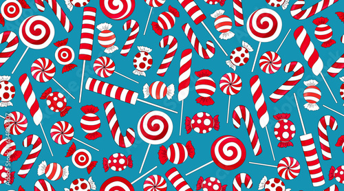 Candy cane pattern. Many types christmas treats on blue background. Traditional red and white xmas ans new year lollipop. Striped candies on snow backdrop. Tasty, hand drawn delicious holiday print.