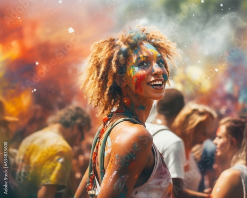 Beautiful happy girl in the crowd at the music festival colorful smoke bomb.