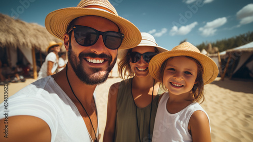 Smiling family in hats on the beach. Family vacation on the Ionian coast.generative ai