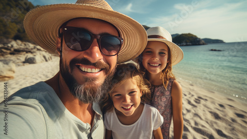 Smiling family in hats on the beach. Family vacation on the Ionian coast.generative ai