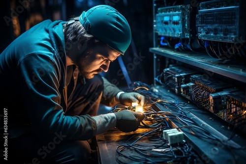 Engineer Inspecting Internet Splitter Box's Fiber Optic Cables. AI