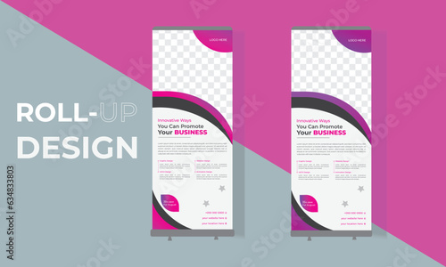 Roll-up banner stand for businesses. Concept for a presentation. Background of a roll-up abstract design. Layout for a vertical roll-up billboard, banner stand, or flag. Poster for a forum, conference