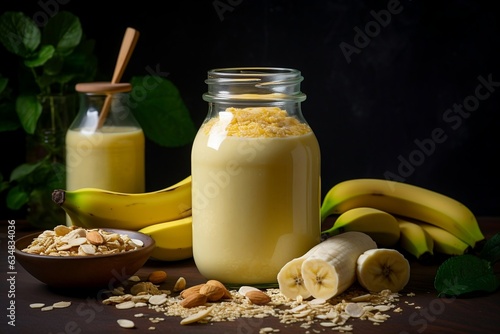 Banana Oatmeal Smoothie Cocktail in a Glass Bottle Jar. AI