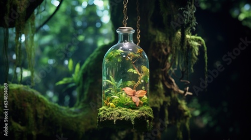  a glass jar with a plant inside of it hanging from a chain.  generative ai © Anna