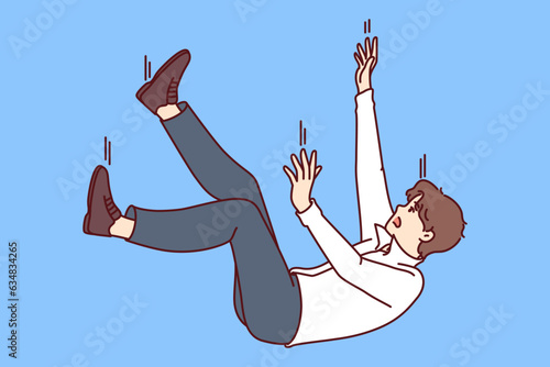 Falling man in business attire symbolizing failure or bankruptcy associated with being fired. Falling guy flies down and screams due to career problems and troubles related to financial crisis