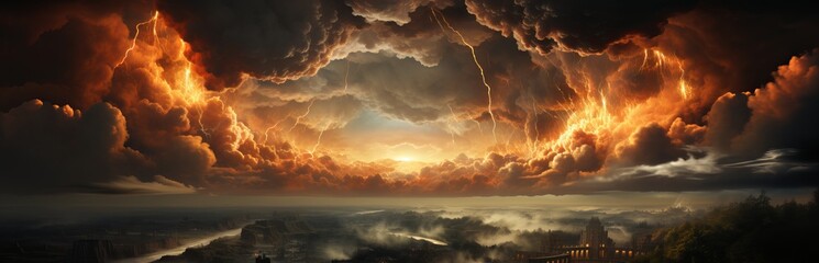 Nuclear explosion day or night. Stormy sky, shock wave against the background of a nuclear fungus in the process of releasing thermal and radiant energy as a result of an uncontrolled nuclear fission 