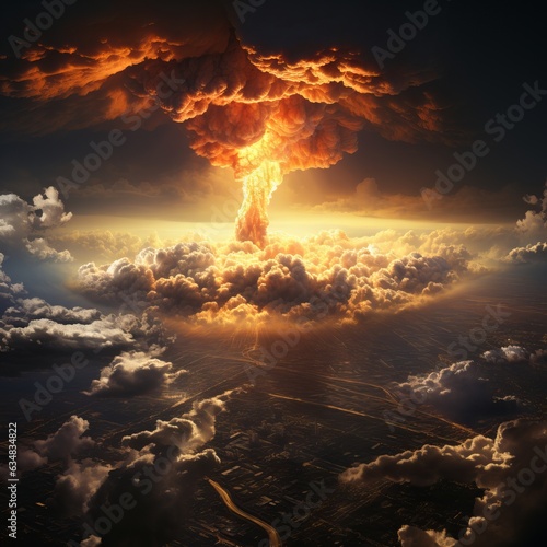 Nuclear explosion day or night. Stormy sky, shock wave against the background of a nuclear fungus in the process of releasing thermal and radiant energy as a result of an uncontrolled nuclear fission 