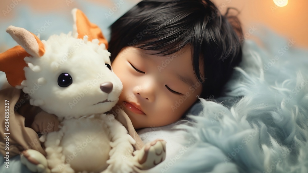 Adorable sleeping asian baby wrapped soft blanket closeup with dragon soft toy.