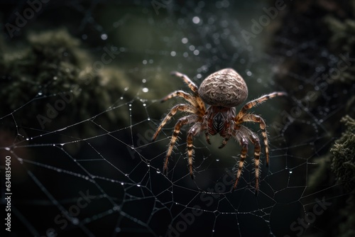 Spider weaving web in the twilight with glowing eyes., generative IA