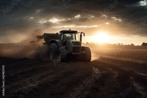 Powerful tractor plowing the field at dusk.  generative IA