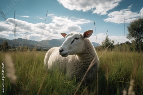 White sheep grazing in a field with mountains in the background.  generative IA