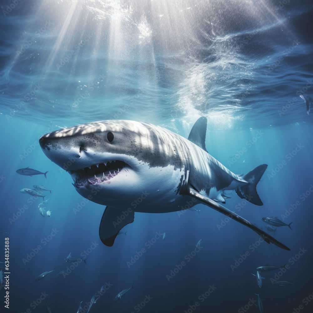 Fototapeta premium Graceful Giants Below: Great White Shark's Enigmatic Journey in Deep Sea Photography