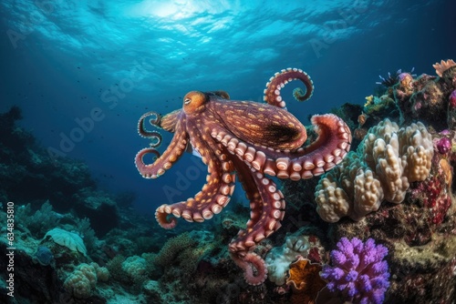 Octopus dancing on colorful reef, stunning camouflage., generative IA