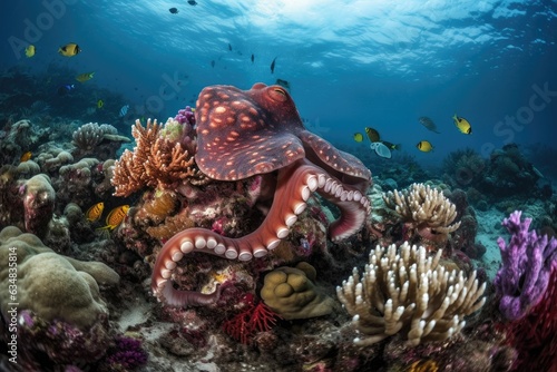 Octopus dancing on colorful reef, stunning camouflage., generative IA