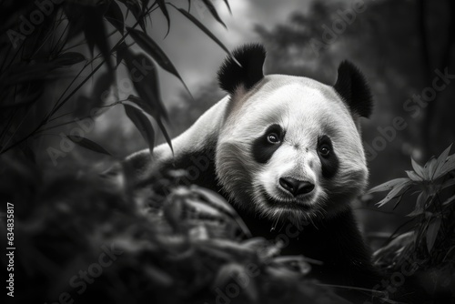 Murais de parede Majestic panda rests among bamboos., generative IA