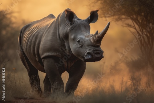 Majestic rhino on the savannah at sunset.  generative IA