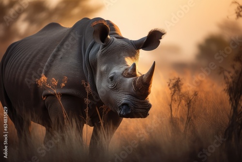Fotografia Majestic rhino on the savannah at sunset., generative IA