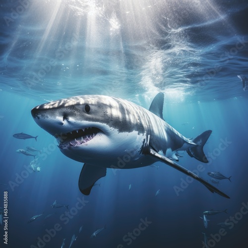 Graceful Giants Below  Great White Shark s Enigmatic Journey in Deep Sea Photography