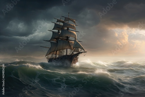 Furious storm threatens fragile vessel on the high seas., generative IA