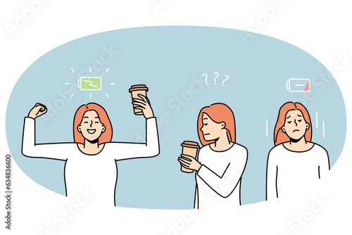 Woman before and after drinking coffee. Female get energy from hot espresso. Active life and caffeine refreshment. Vector illustration.