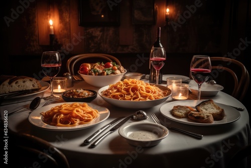 Bountiful and cozy Italian table in a welcoming restaurant., generative IA