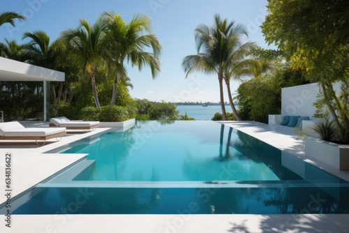 Modern swimming pool  crystal clear waters  elegant design and relaxation.  generative IA