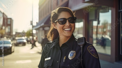 Smiling female police officer wearing glasses.