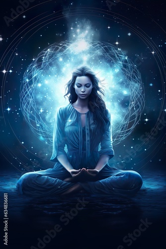 Abstract woman are meditating at blue full moon with star in dark background   Generative AI