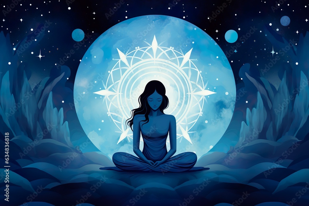 Abstract woman are meditating at blue full moon with star in dark background | Generative AI Abstract woman are meditating at blue full moon with star in dark background | Generative AI