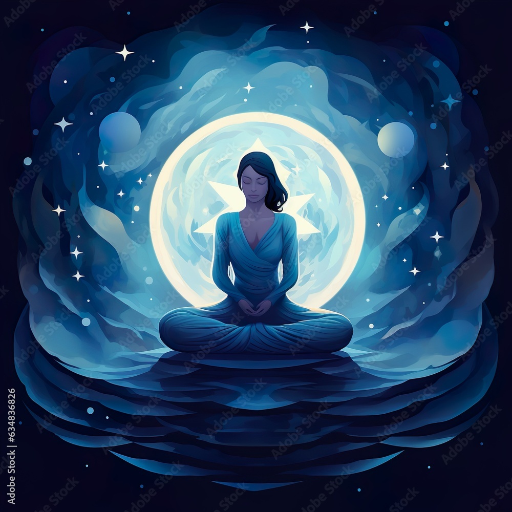Abstract woman are meditating at blue full moon with star in dark background | Generative AI Abstract woman are meditating at blue full moon with star in dark background | Generative AI